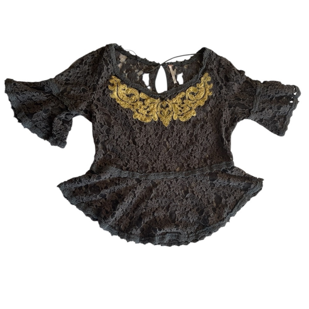 Free People Blue Gray Lace and Gold Ruffled Peplum Blouse